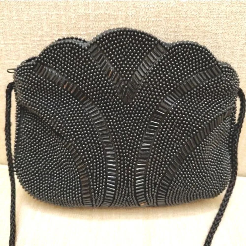 Scalloped Black Beaded Evening Shoulder Bag Formal Special Occasion